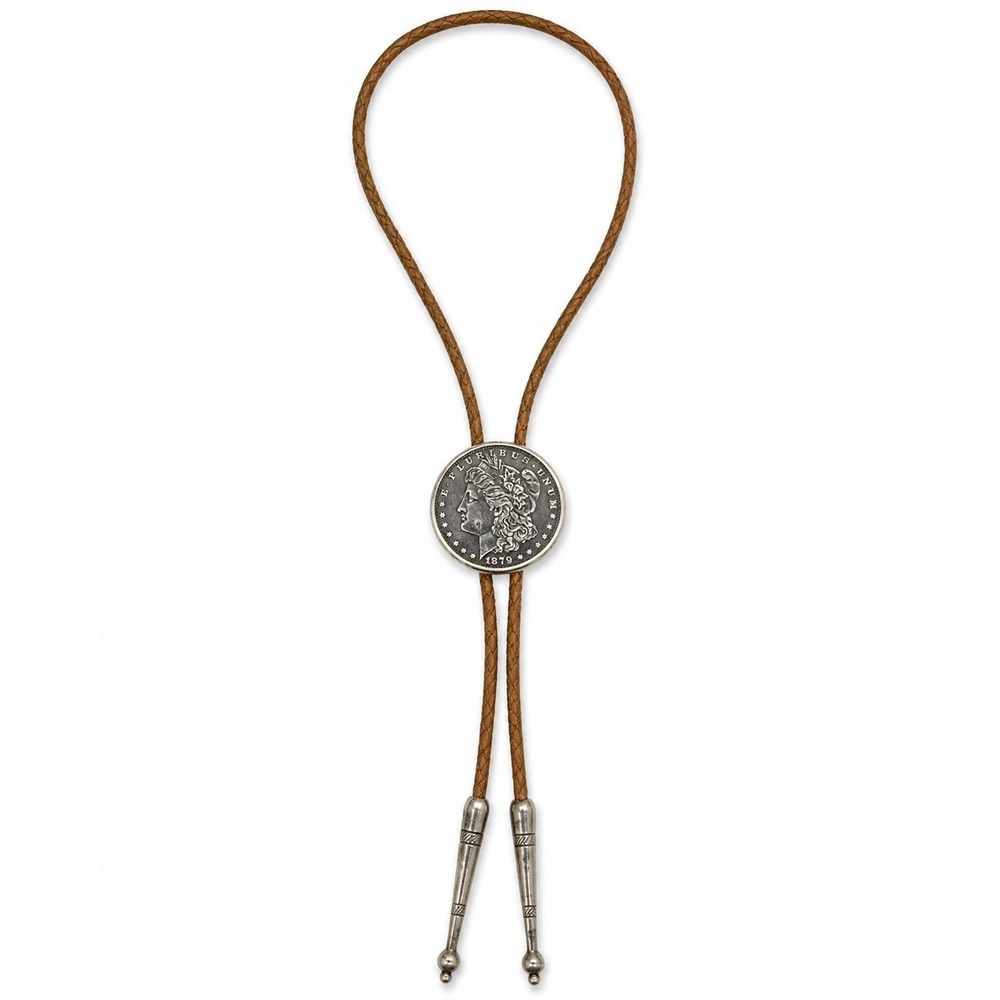 1879-CC Morgan Silver Dollar Coin Bolo Tie Carson City Leather Western Vintage